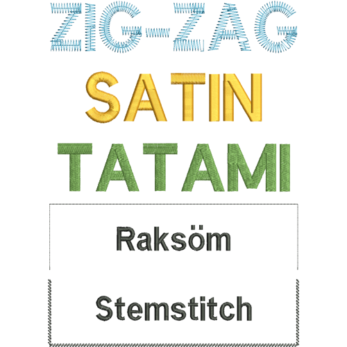 bild som visar skillnaderna mellan de olika stygnsorterna zig-zag, satin, tatami, raksm och stemstitch
